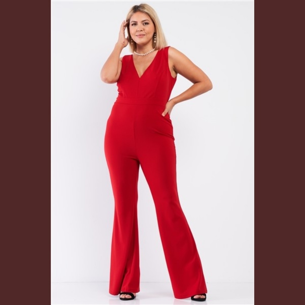 Red V-Neck Flare Wide Leg Plus Jumpsuit